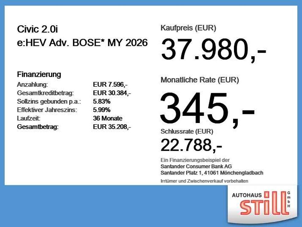 Honda Civic 2.0i e: HEV Adv. BOSE* MY 2026 ACC+LED+Pano Advance